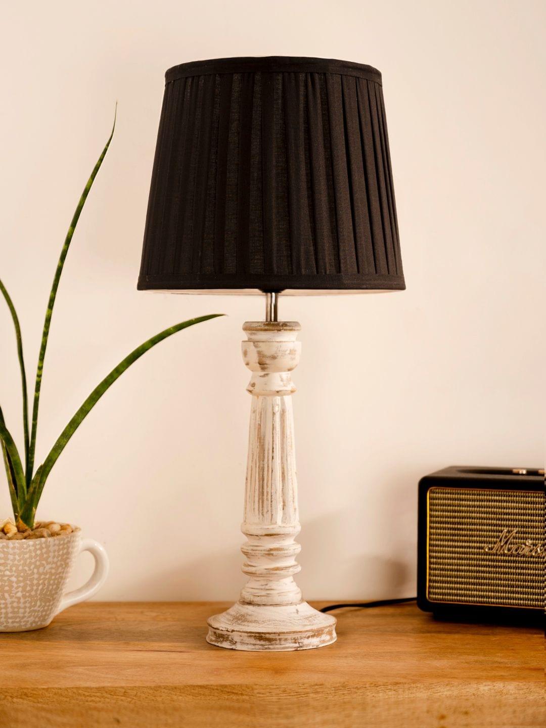 Wooden Pillar White lamp with pleeted Black Soft Shade - Ouch Cart 