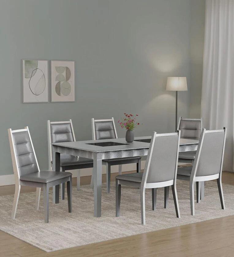 Solid Wood 6 Seater Dining Set In Metallic Silver Finish - Ouch Cart 