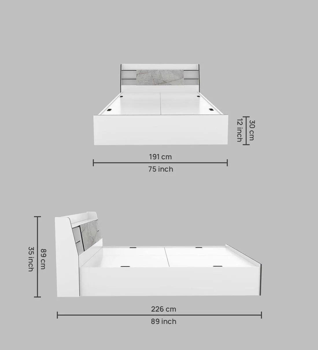 King Size Bed in White Finish with Box Storage - Ouch Cart 