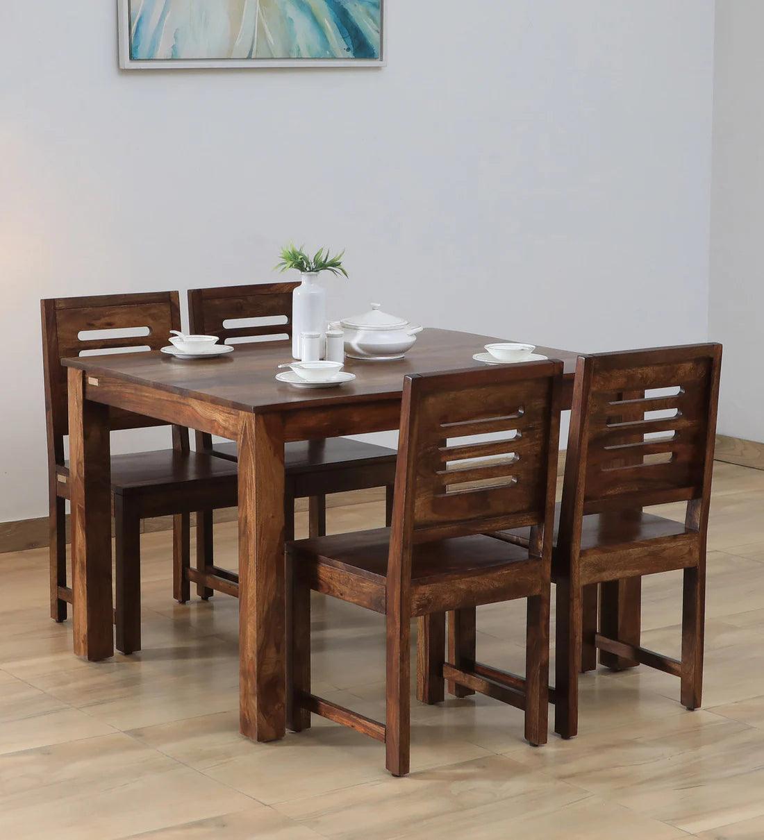 Sheesham Wood 4 Seater Dining Set in Scratch Resistant Provincial Teak Finish - Ouch Cart 