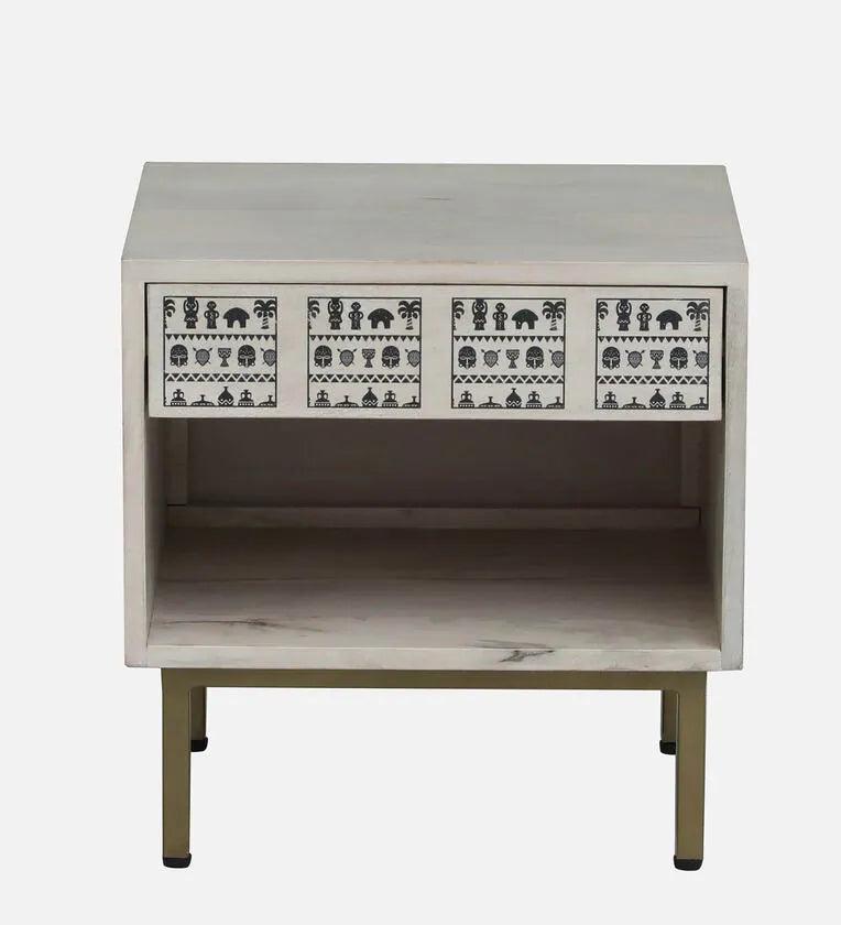 Solid Wood Bedside Table In Whitewash Finish With Drawer - Ouch Cart 