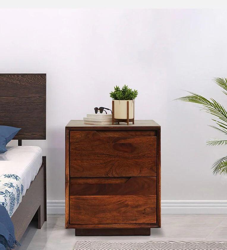 Solid Wood Bedside Table With Drawers in Walnut Finish - Ouch Cart 