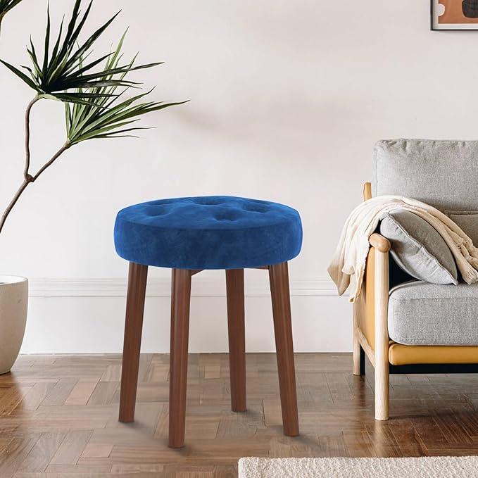 Round Makeup Vanity Stool Side Table, Vanity Chair Ottoman Rest Footstool Footrest Stool with Sturdy Wooden Legs for Makeup Room, Living Room, Bedroom-Blue - Ouch Cart 