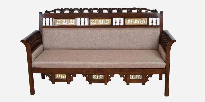 Solid Wood 3 Seater Sofa in Beige & Walnut Colour - Ouch Cart 