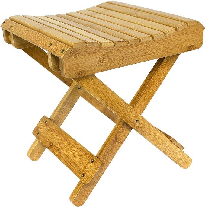 Folding Step Stool Bench - for Shaving, Shower Foot Rest, Bath Chair - Great for Bathroom, Spa, Sauna, Wooden Seat, Fully Assembled - 11.75" D x 12.25" W x 13.75" H - Ouch Cart 