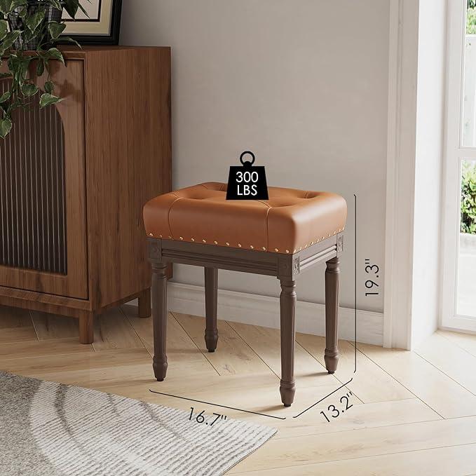 Tufted Vanity Chair for Makeup Room, Faux Leather Ottoman Stool with Vintage Wooden Frame, Small Bench for Living Room Dining Room, Foot Stool Foot Rest - Ouch Cart 