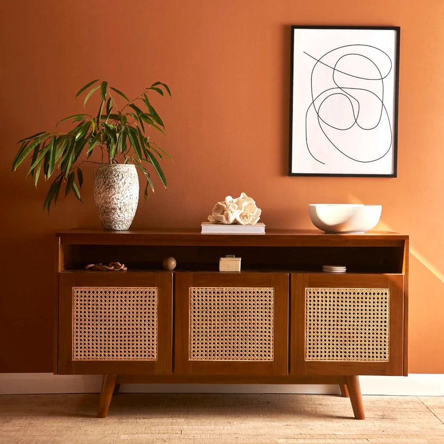 TEAK WOOD & RATTAN TV UNIT - Ouch Cart 