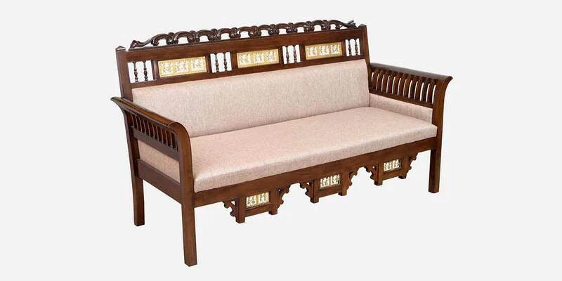 Solid Wood 3 Seater Sofa in Beige & Walnut Colour - Ouch Cart 