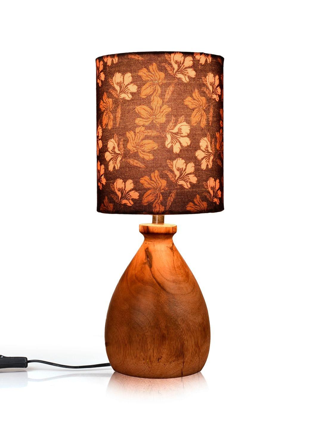 Wooden Dome Table Lamp Black Floral Shade - Ouch Cart 