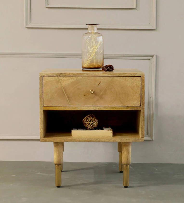 Solid Wood Bedside Table In Natural Finish - Ouch Cart 