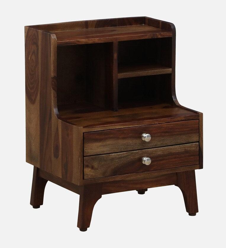 Sheesham Wood Bedside Table In Provincial Teak Finish With Drawers & Shelve - Ouch Cart 