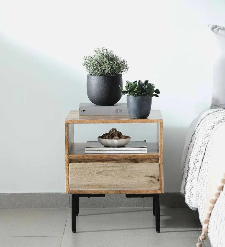 Solid Wood Bedside Table In Scratch Resistant Natural Finish With Drawer - Ouch Cart 