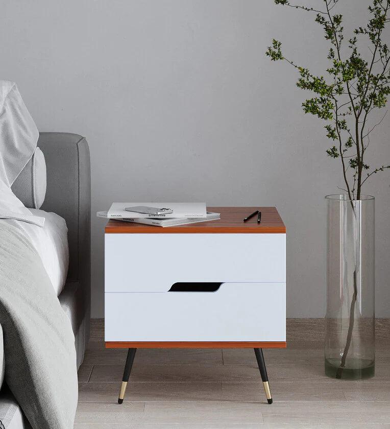 Bedside Table in Natural Teak & Cold White Finish - Ouch Cart 