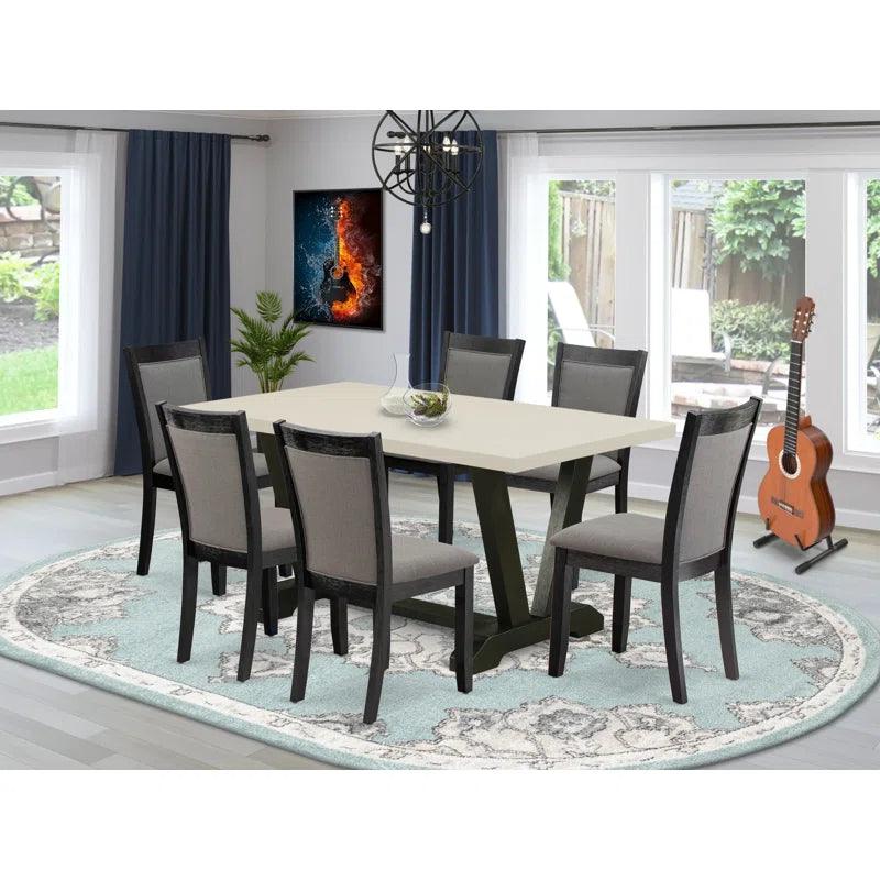 7 Piece Table Set - A Dinner Table and 6 Linen Fabric Parson Chairs - Wire Brushed Black Finish - Ouch Cart 