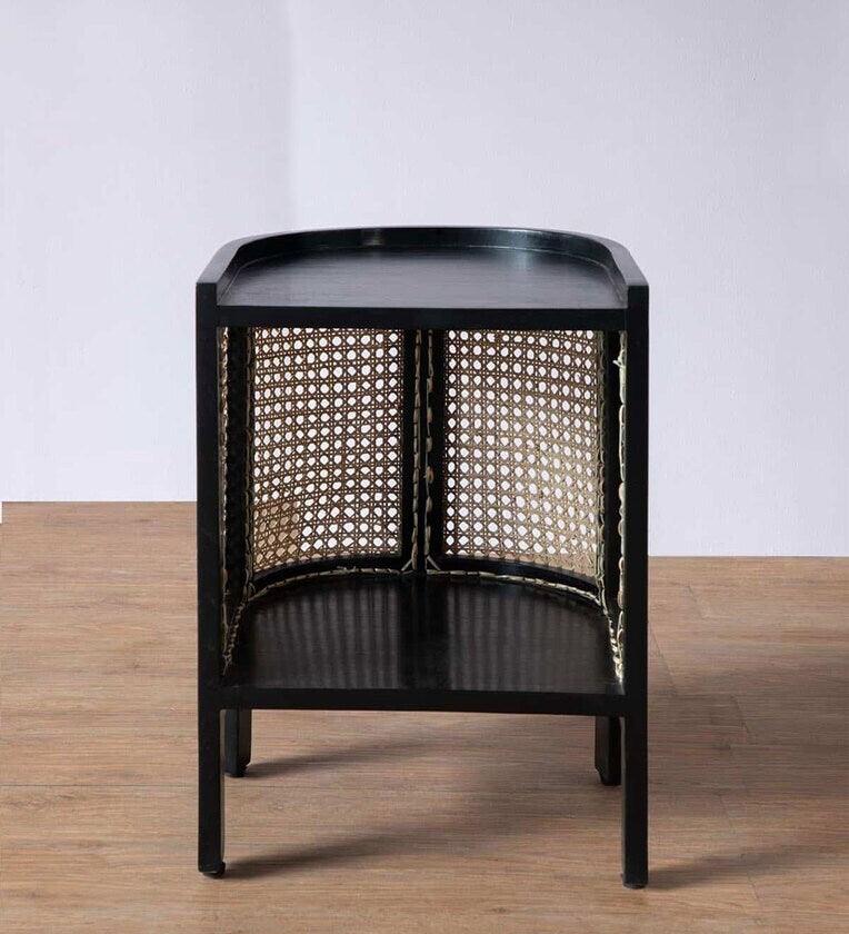 Wicker Solid Wood Bedside Table In Black Finish - Ouch Cart 