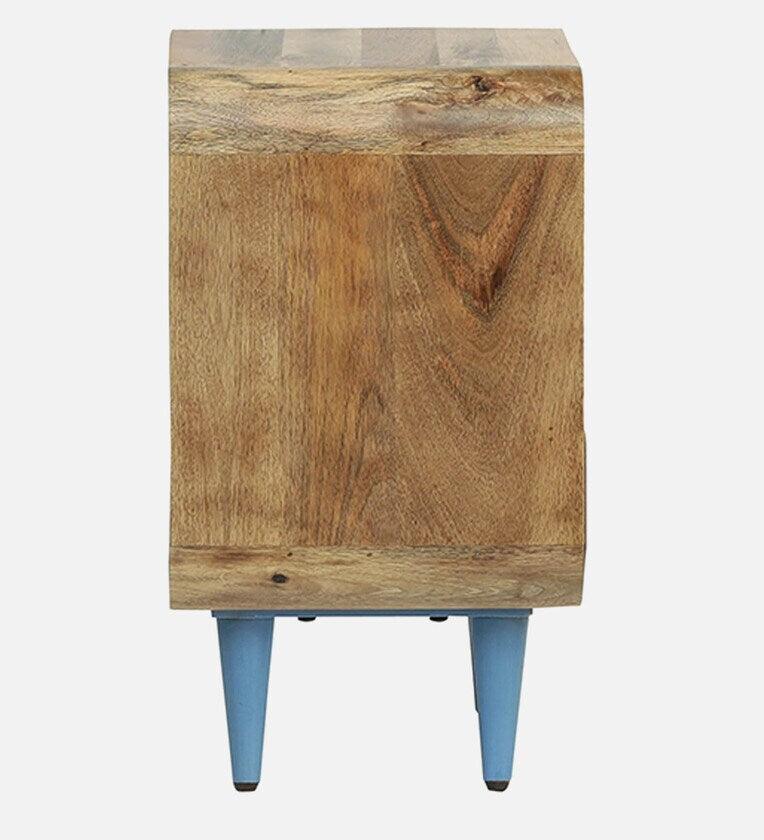 Solid Wood Bedside Table In Blue Colour With Drawers - Ouch Cart 