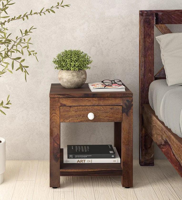 Sheesham Wood Bedside Table In Provincial Teak Finish With Drawer - Ouch Cart 