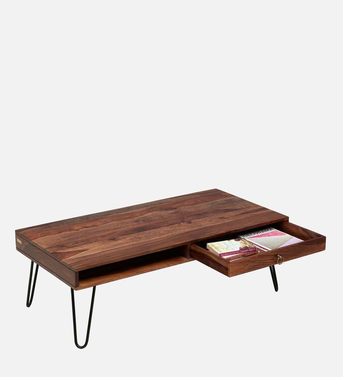 Gumina Sheesham Wood Coffee Table In Rustic Teak Finish,