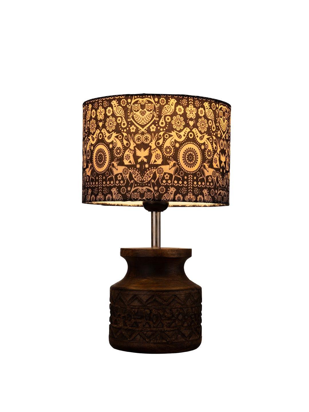 Wooden Carved Lamp with Indian Art Multicolor Shade