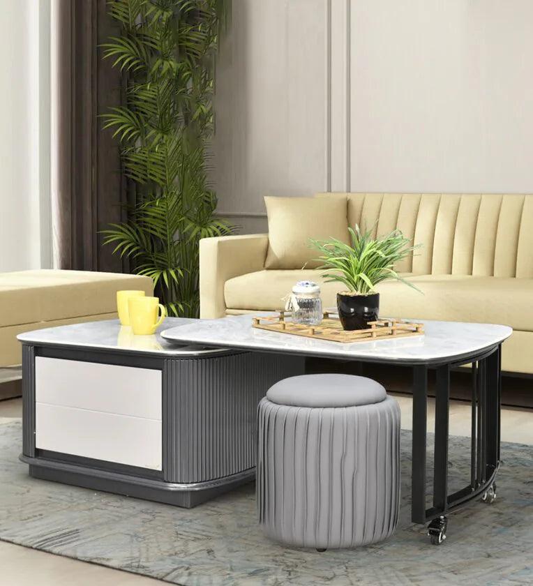 Marble Top Coffee Table in Grey Colour With Rotateable Top & 2 Pouffes - Ouch Cart 