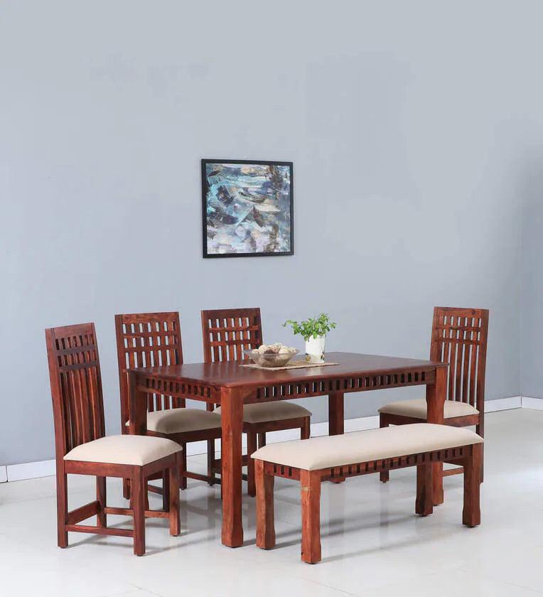 Sheesham Wood 6 Seater Dining Set In Scratch Resistant Honey Oak Finish With Bench - Ouch Cart 