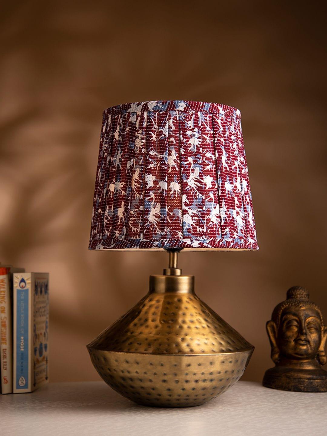 Golden Hammered Urn Lamp with Pleeted Multicolor Maroon Shade - Ouch Cart 