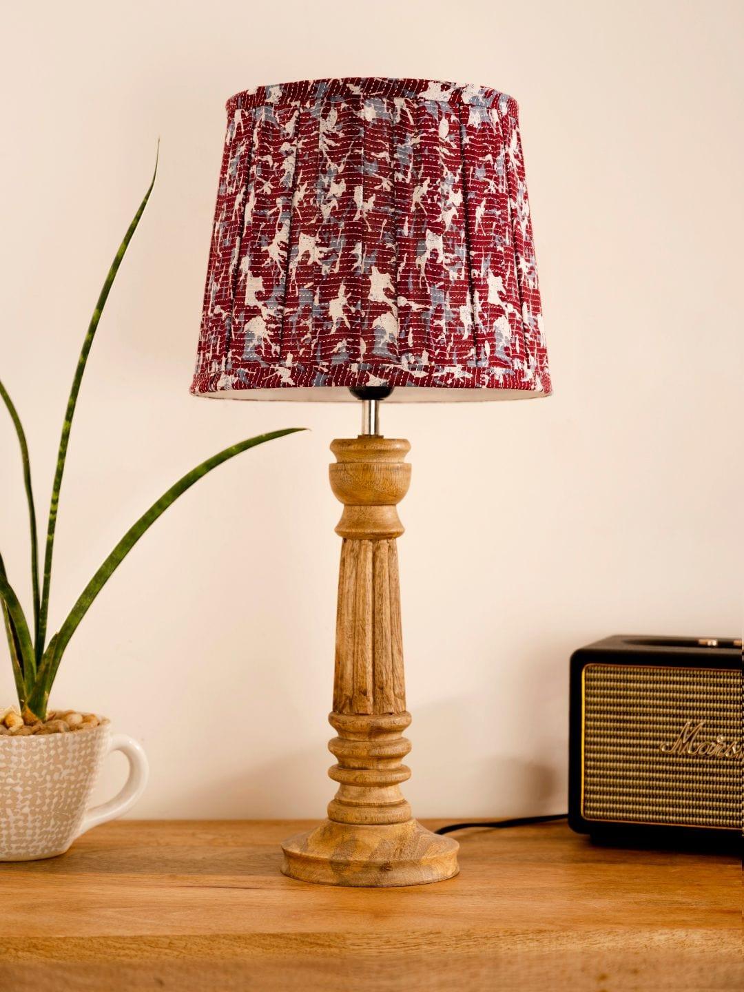 Wooden Pillar Brown lamp with pleeted Colorful Soft Shade - Ouch Cart 