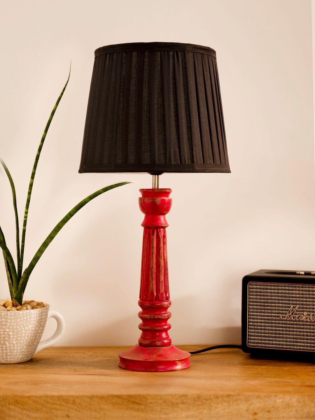 Wooden Pillar Pink lamp with pleeted Black Soft Shade - Ouch Cart 