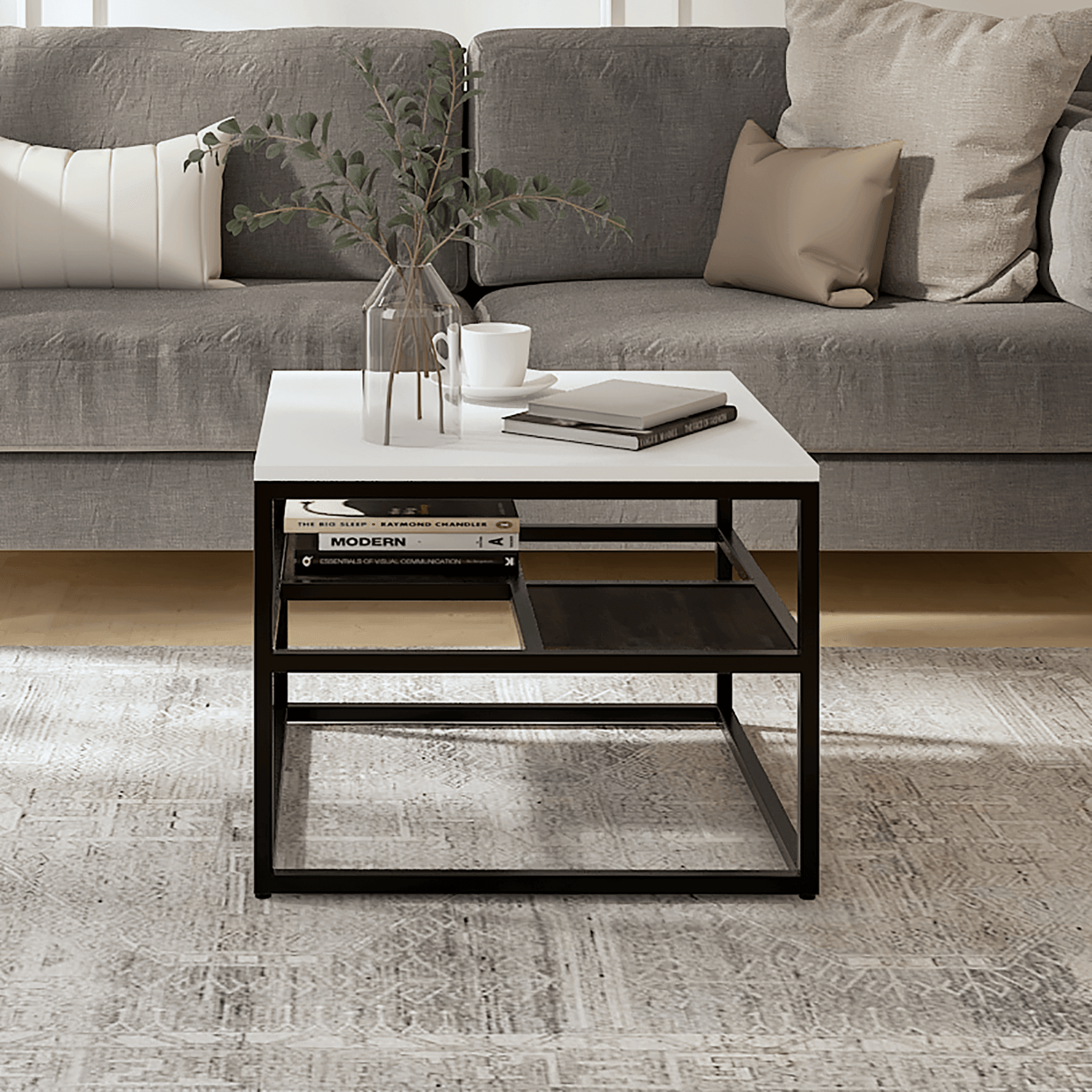 Mello Iron And Particle Board Coffee Table In White + Dark Walnut