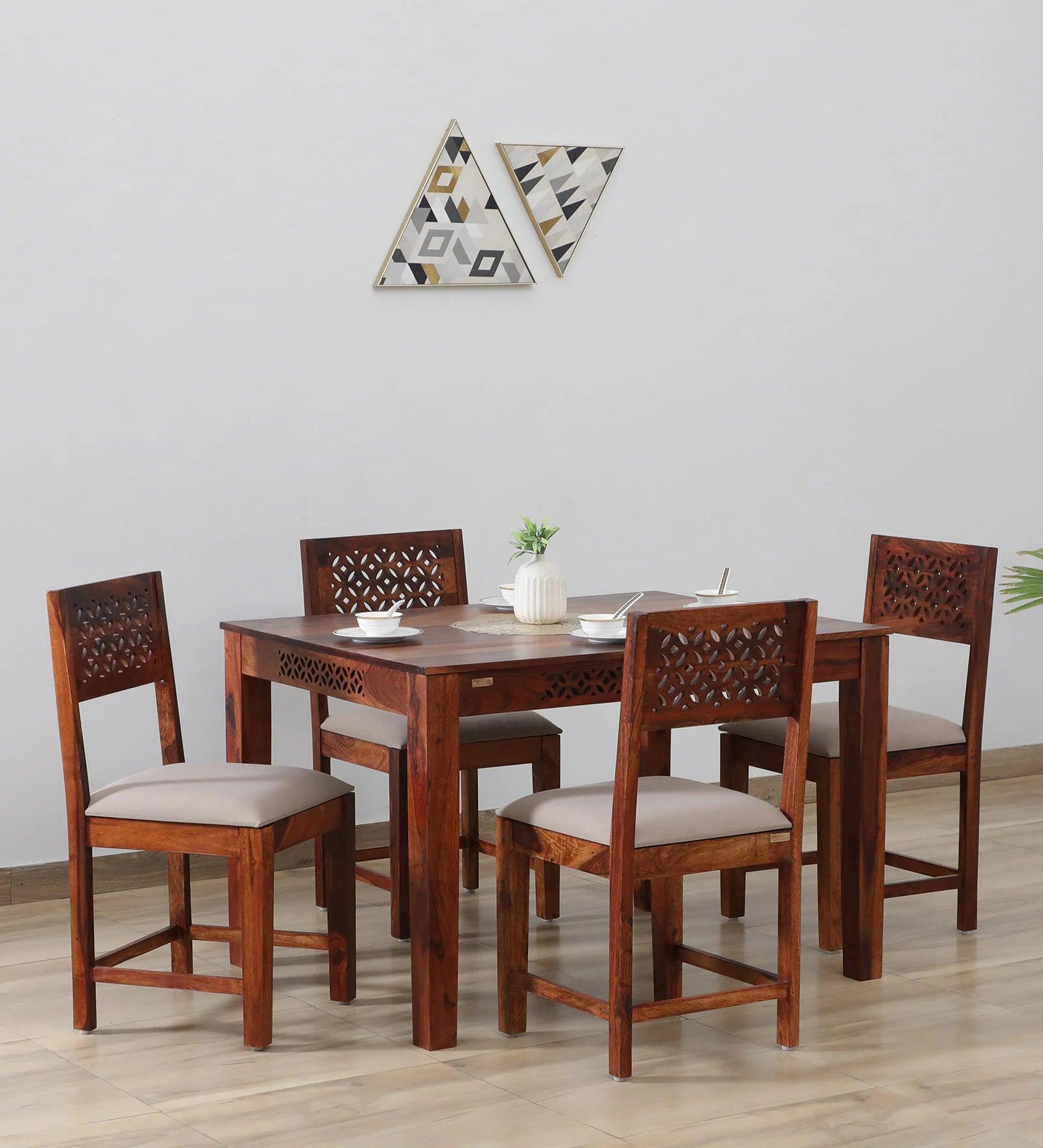 Sheesham Wood 4 Seater Dining Set in Scratch Resistant Honey Oak Finish - Ouch Cart 