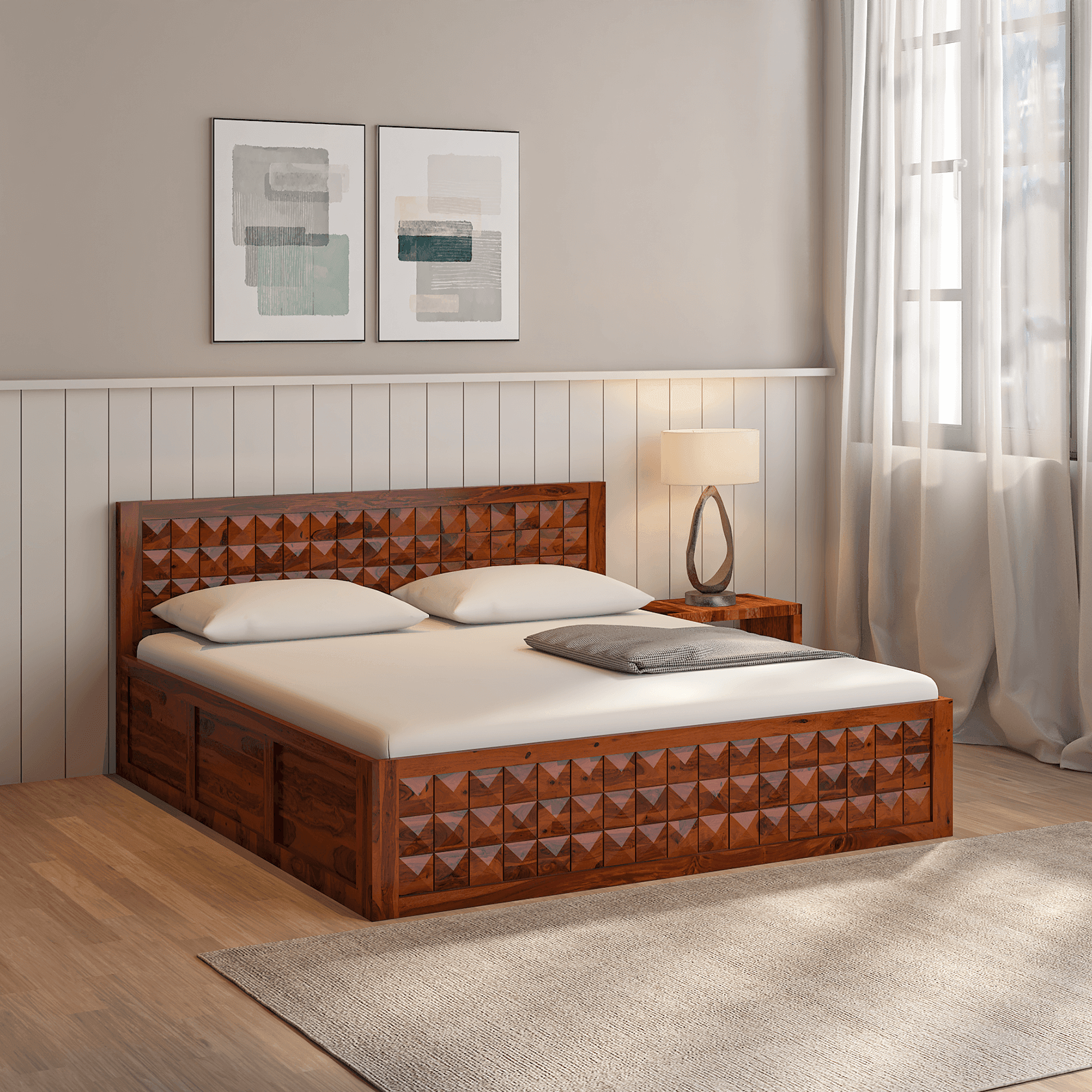 Pluto Sheesham Solid Wood King Size Bed with Storage