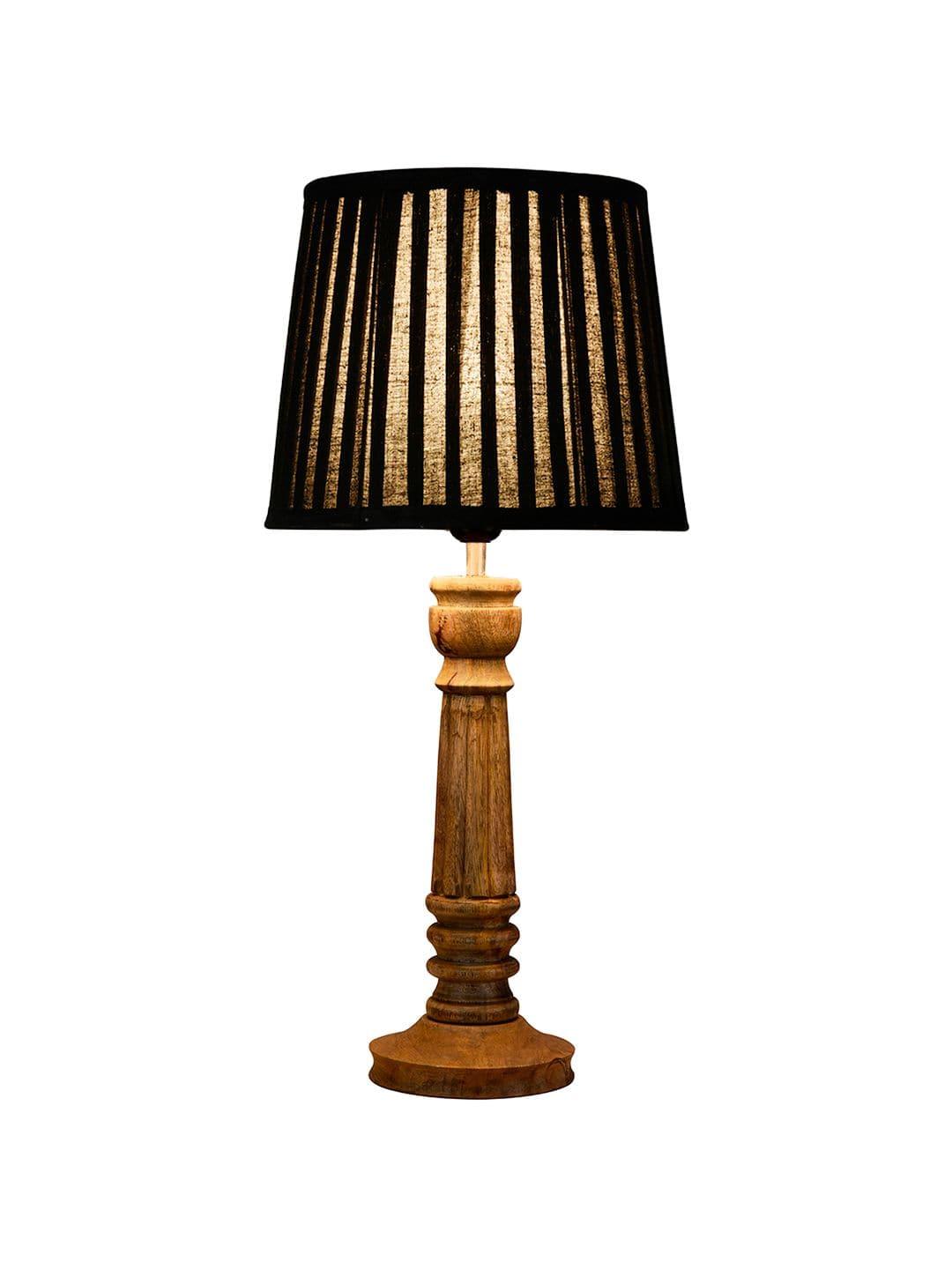 Wooden Pillar Brown lamp with pleeted Black Soft Shade - Ouch Cart 