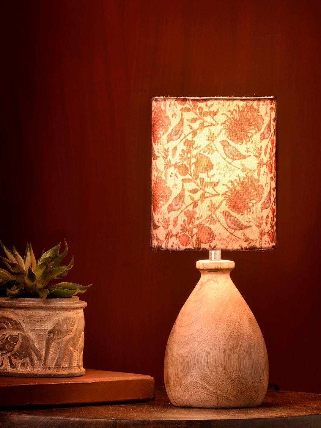 Wooden Dome Table Lamp Bird Printed Shade - Ouch Cart 