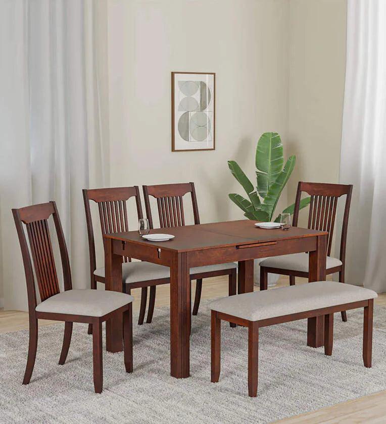 Solid Wood Extendable 6 Seater Dining Set In Brown Finish With Bench - Ouch Cart 