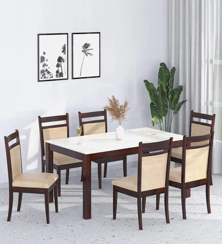 6 Seater Marble Top Dining Set In Beige Colour - Ouch Cart 