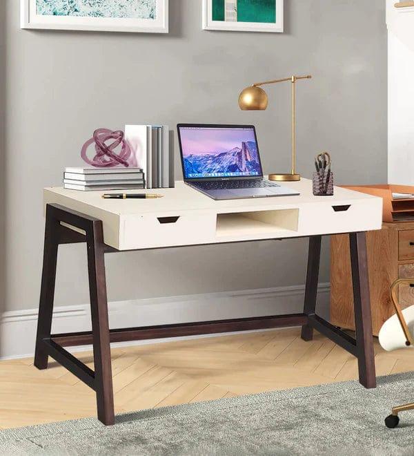 Milan Writing Table in Off White & Brown Colour - Ouch Cart 