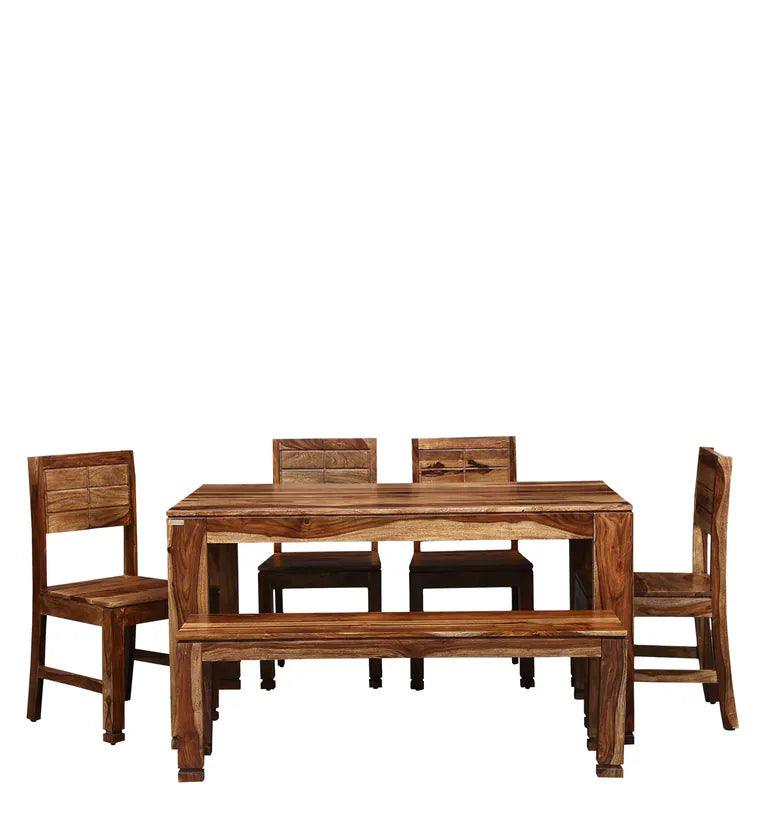 Solid Wood 6 Seater Dining Set in Beige Finish with Bench - Ouch Cart 