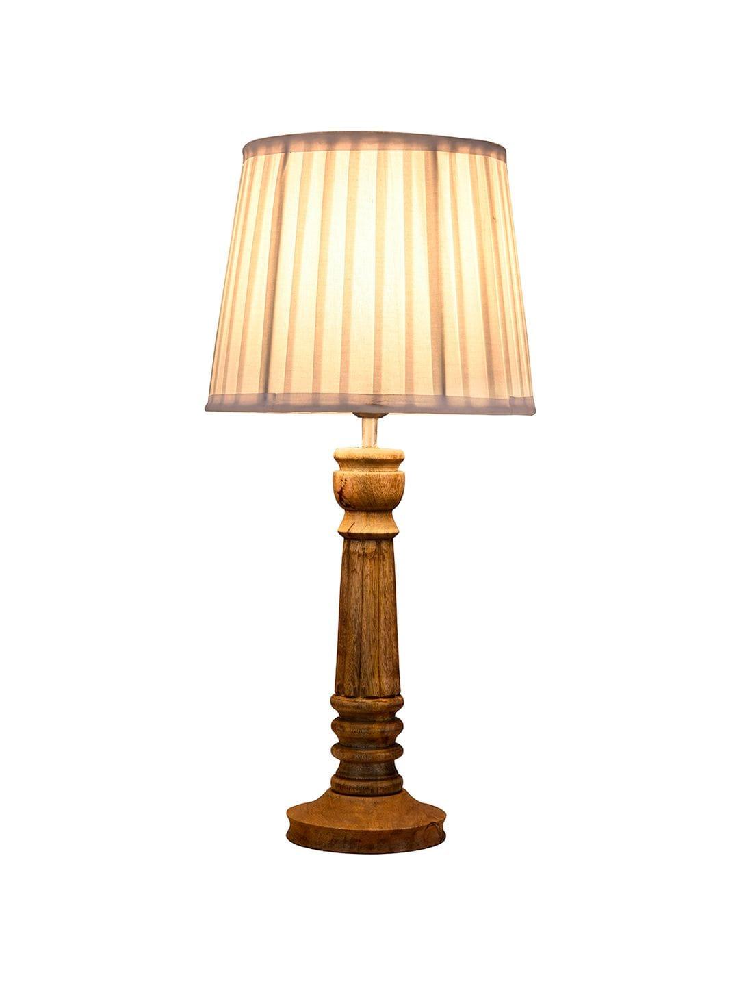 Wooden Pillar Brown lamp with pleeted White Soft Shade - Ouch Cart 