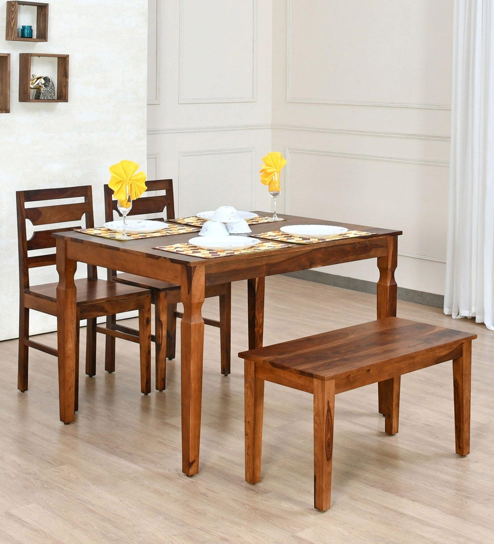 Sheesham Wood 4 Seater Dining Set in Walnut Finish with Bench - Ouch Cart 