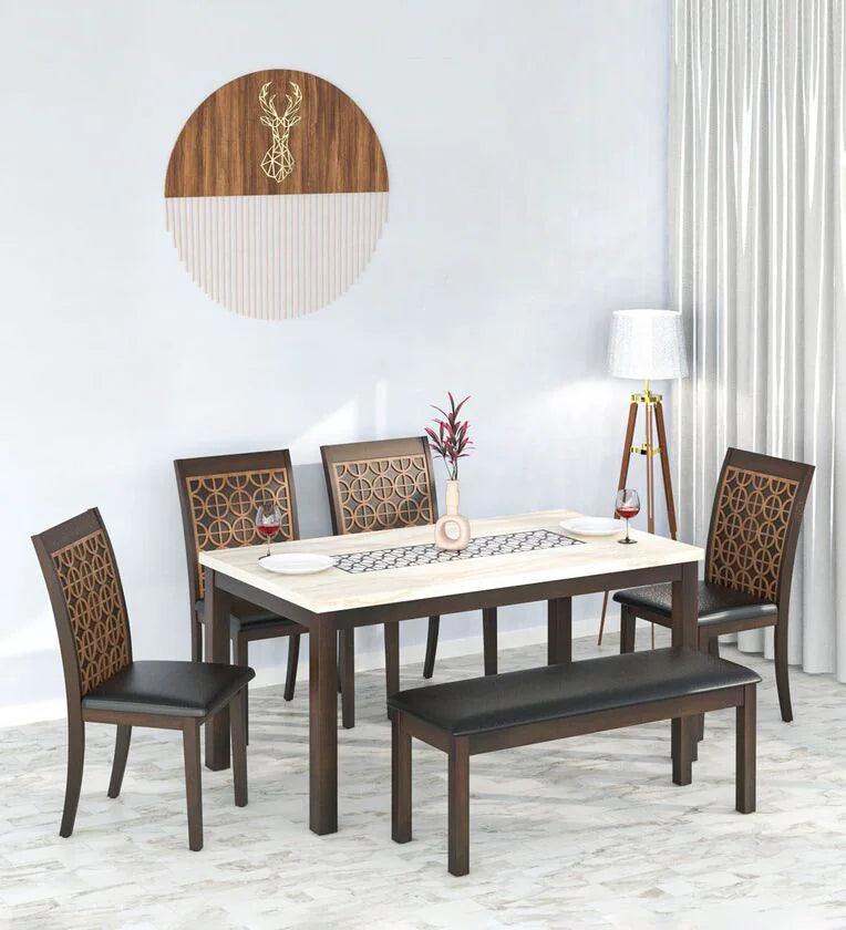 Solid Wood 6 Seater Dining Set In Walnut Finish with Bench - Ouch Cart 