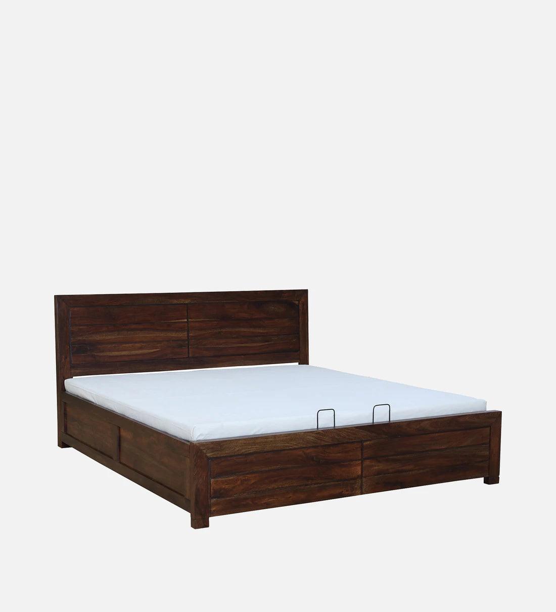 Sheesham Wood King Size Bed In Provincial Teak Finish With Hydraulic Storage - Ouch Cart 