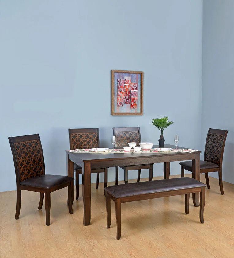 6 Seater Dining Set in Walnut Finish with Bench - Ouch Cart 