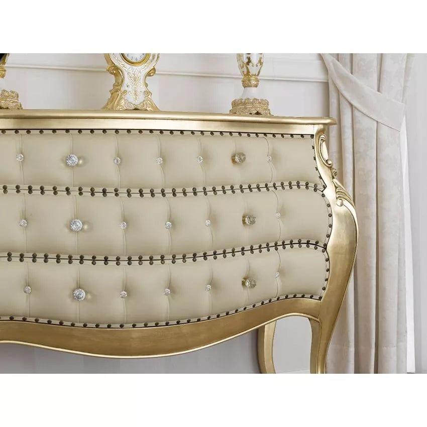 Dresser Brilliant French Baroque style chest of drawers rounded gold leaf faux leather champagne knobs buttons crystal Sw - Ouch Cart 