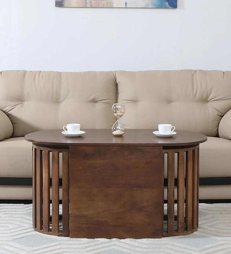 Solid Wood Coffee Table In Walnut Finish With Stool - Ouch Cart 