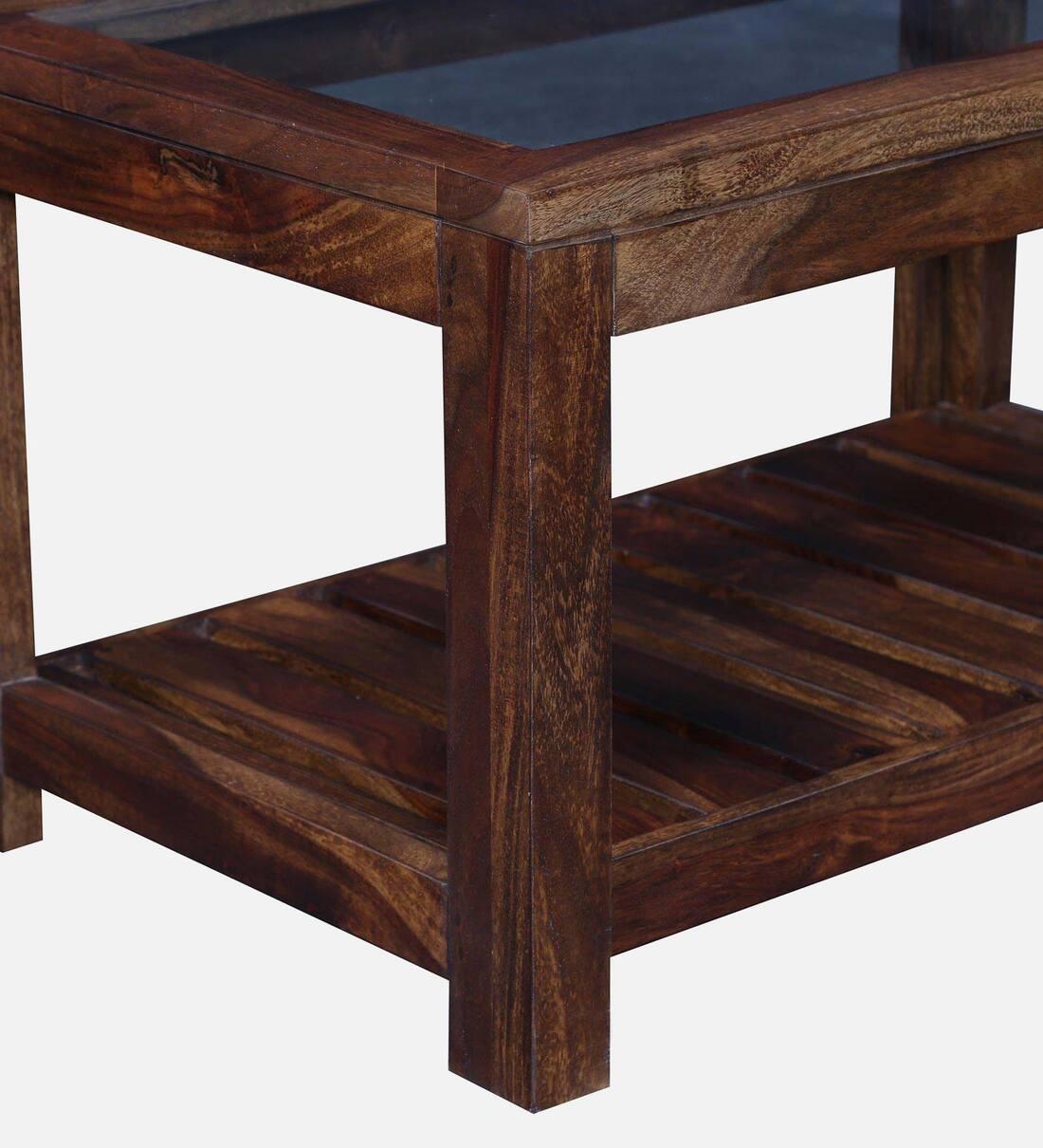 Stigen Sheesham Wood Coffee Table In Provincial Teak Finish With Glass Top, - Ouch Cart 