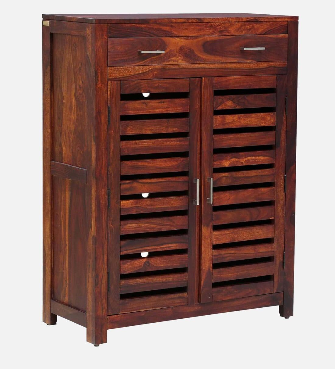 Stigen Sheesham Wood Shoe Cabinet In Honey Oak Finish, - Ouch Cart 