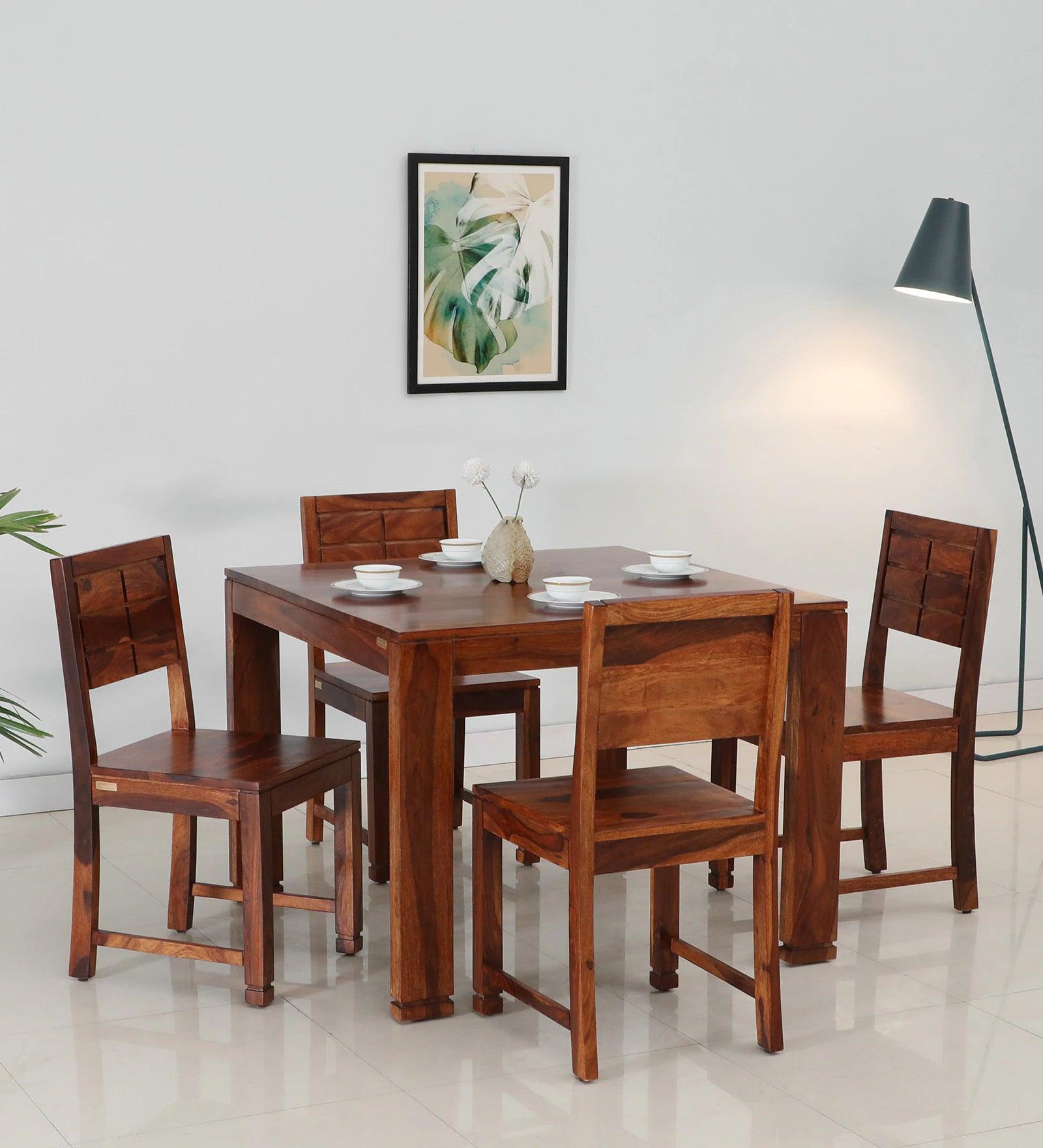 Sheesham Wood 4 Seater Dining Set In Honey Oak Finish - Ouch Cart 