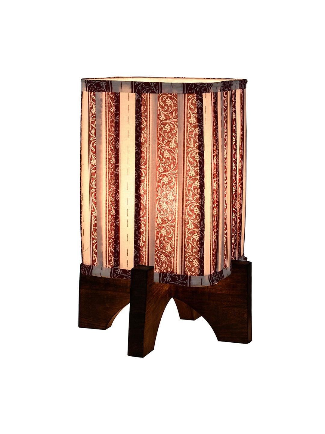 Wooden Brown Base Lamp with pleeted Red Leafyprint Soft Shade - Ouch Cart 