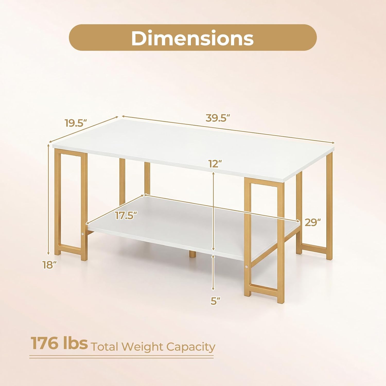 2-Tier Coffee Table with Storage, 39.5" Center Table, Gold & White/Coffee Table-Ouch Cart 