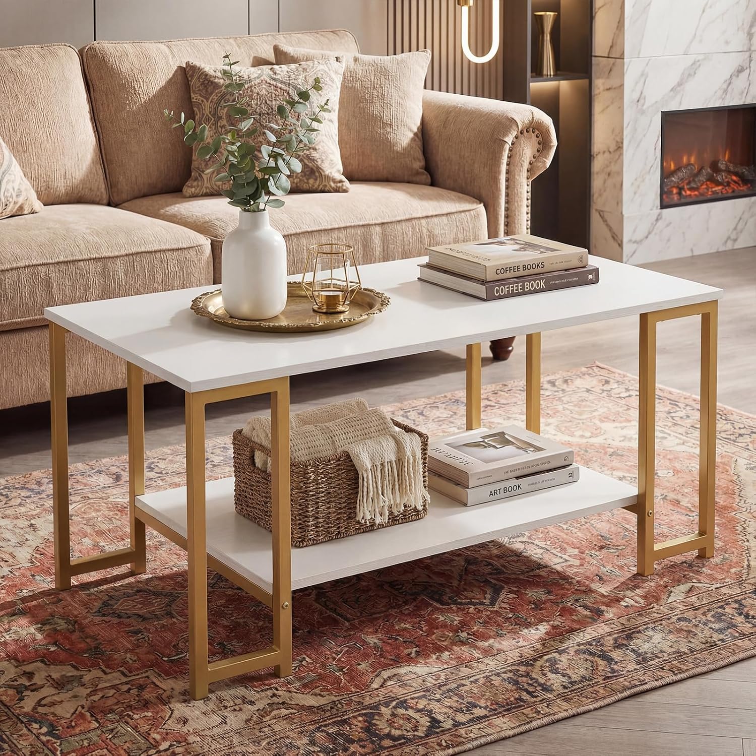 2-Tier Coffee Table with Storage, 39.5" Center Table, Gold & White/Coffee Table-Ouch Cart 